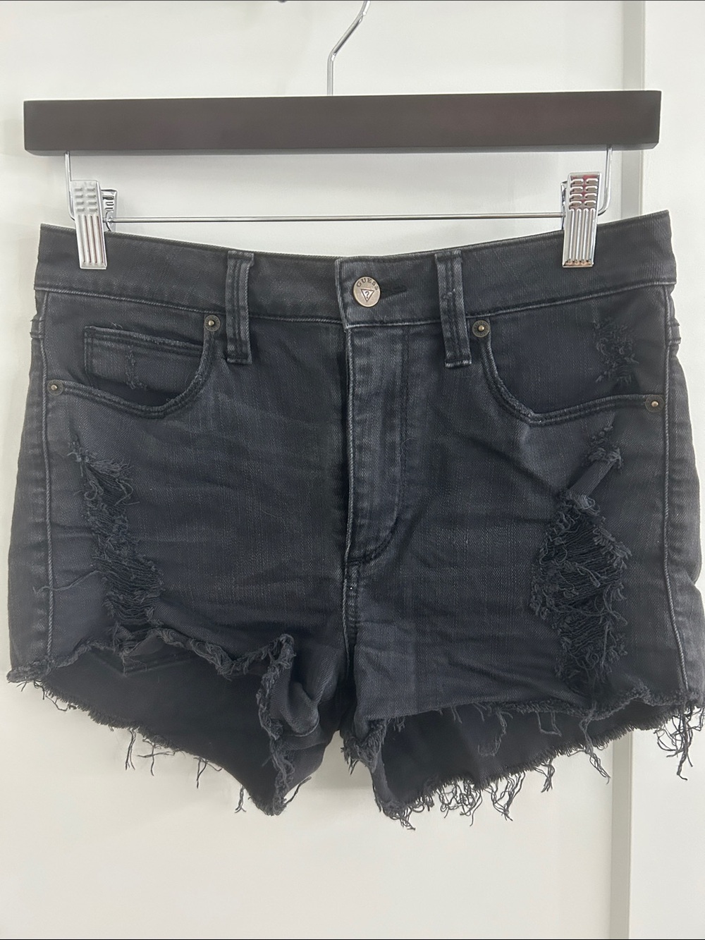 Vintage Y2K era Guess High Rise Destroyed Black Denim shorts | Size 27